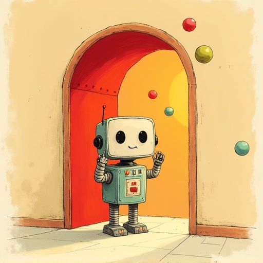 Doorway to Room 3: a puzzled robot surrounded by floating colored orbs.