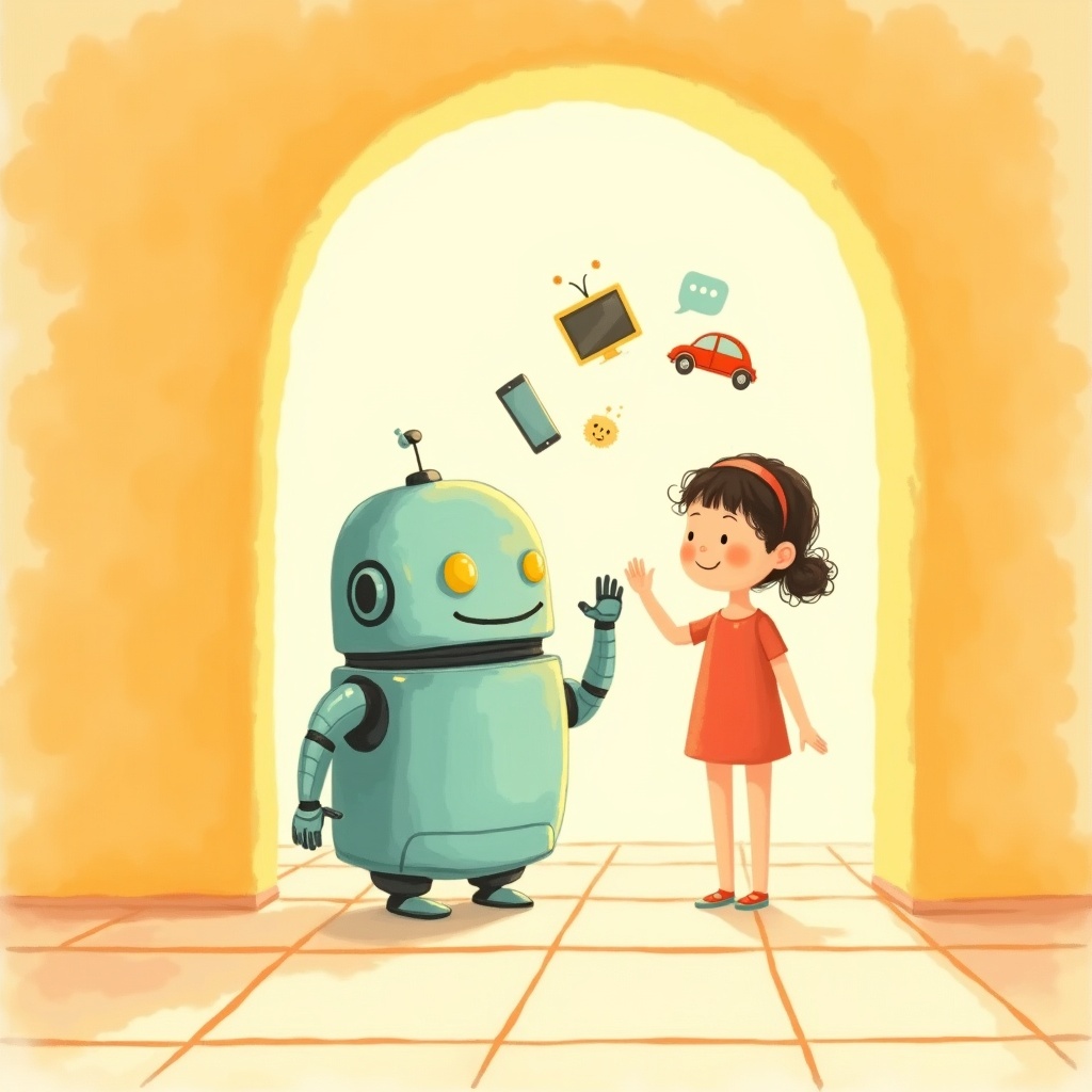 Doorway to Room 2: a robot introducing a kid to a family of little AI gadgets — a phone, a TV, a car, a chat bubble.
