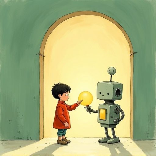Doorway to Room 5: a kid and the robot exchanging a glowing question.