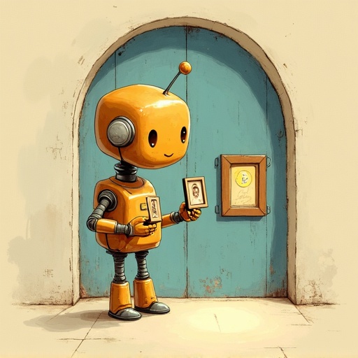 Doorway to Room 6: the robot holding two small portraits side by side, comparing them.