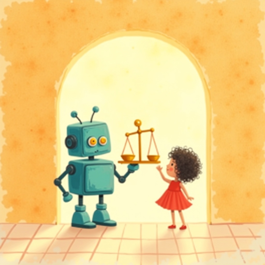Doorway to Room 4: a robot holding up a balanced scale for a curious kid.