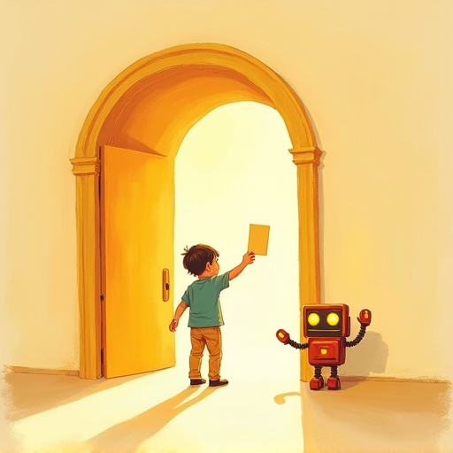Doorway to Room 7: a kid stepping through a glowing gold doorway, robot waving.