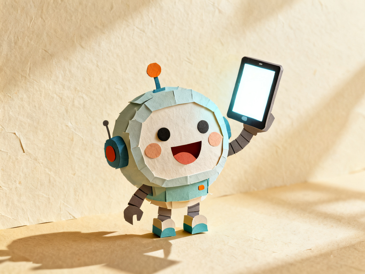 A kid and a friendly robot exploring a tablet together.